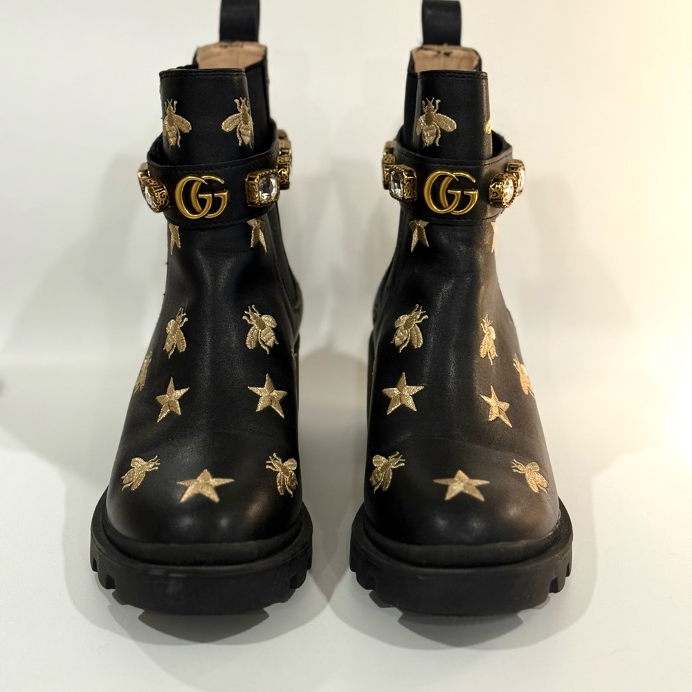 Gucci Black and Gold Ankle Boots with Star Accents